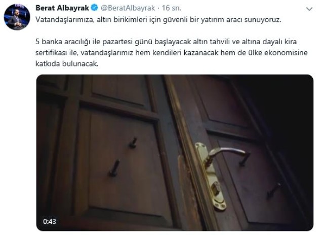 İŞTE BAKAN BERAT ALBAYRAK'IN PAYLAŞIMI ;